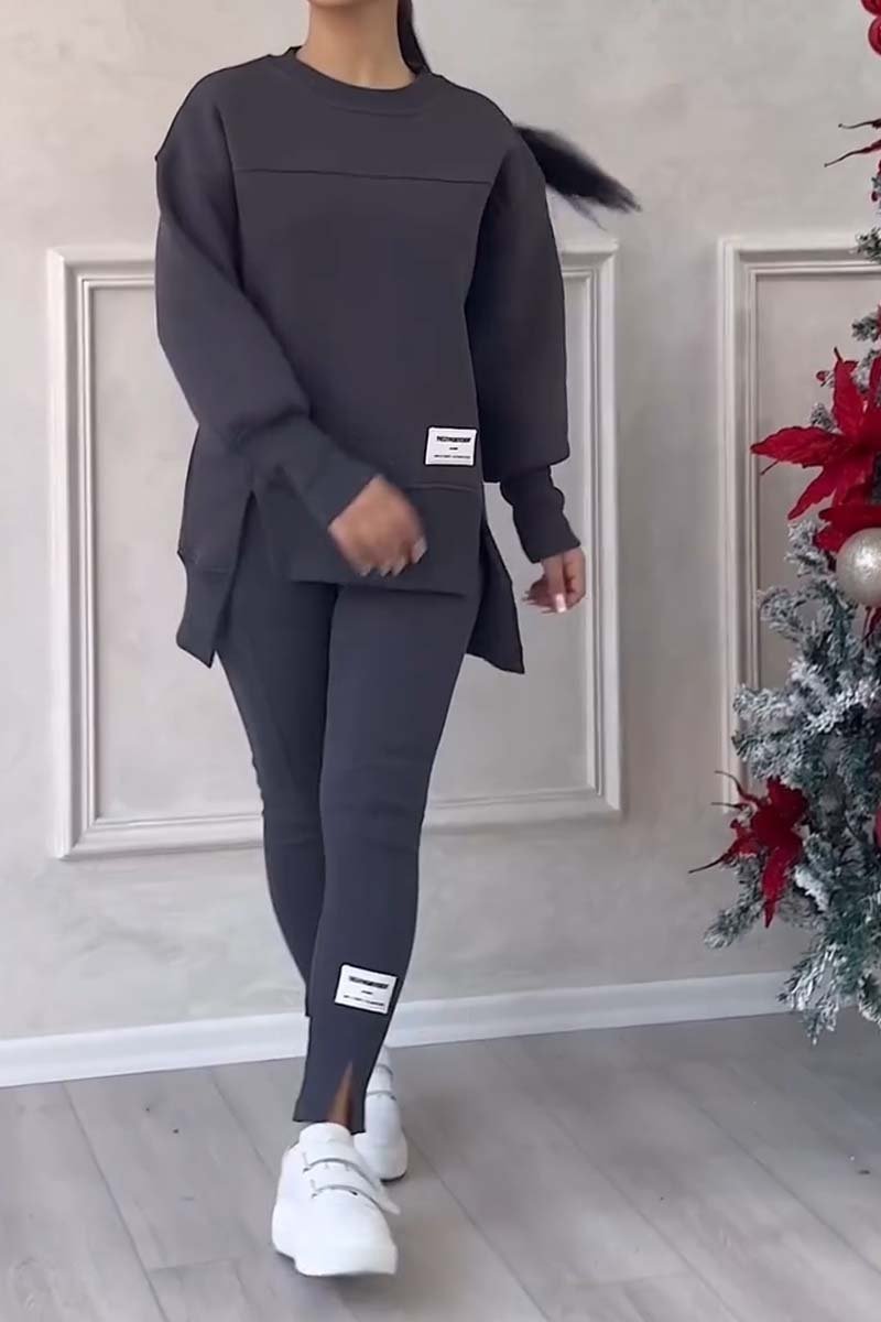 Deux Pièces Ensembles Décontracté Plain Printemps / Automne Micro-élasticité Quotidien Col Rond Top Avec Pantalons Droit Régulier pour Femmes