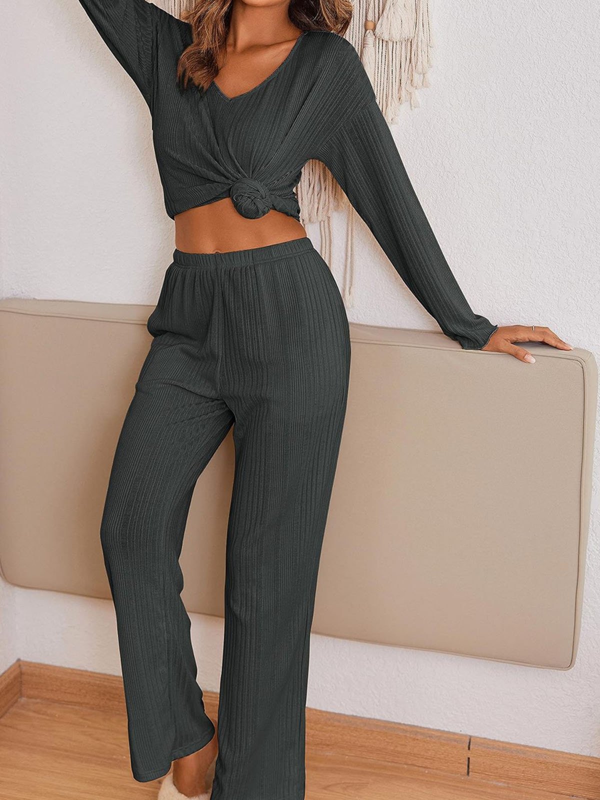 Deux Pièces Ensembles Décontracté Plain Printemps / Automne Col V Naturel Quotidien Ample Top Avec Pantalons Régulier pour Femmes