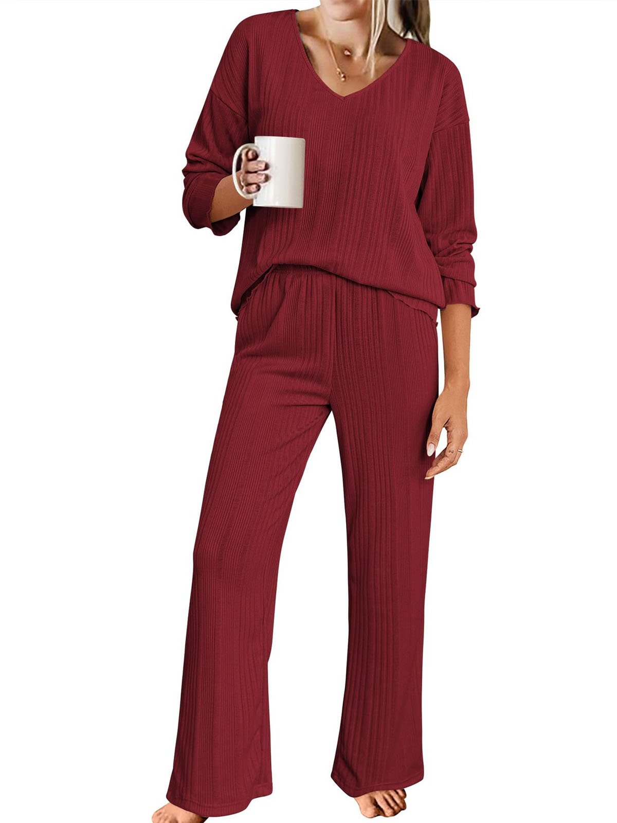 Deux Pièces Ensembles Décontracté Plain Printemps / Automne Col V Naturel Quotidien Ample Top Avec Pantalons Régulier pour Femmes