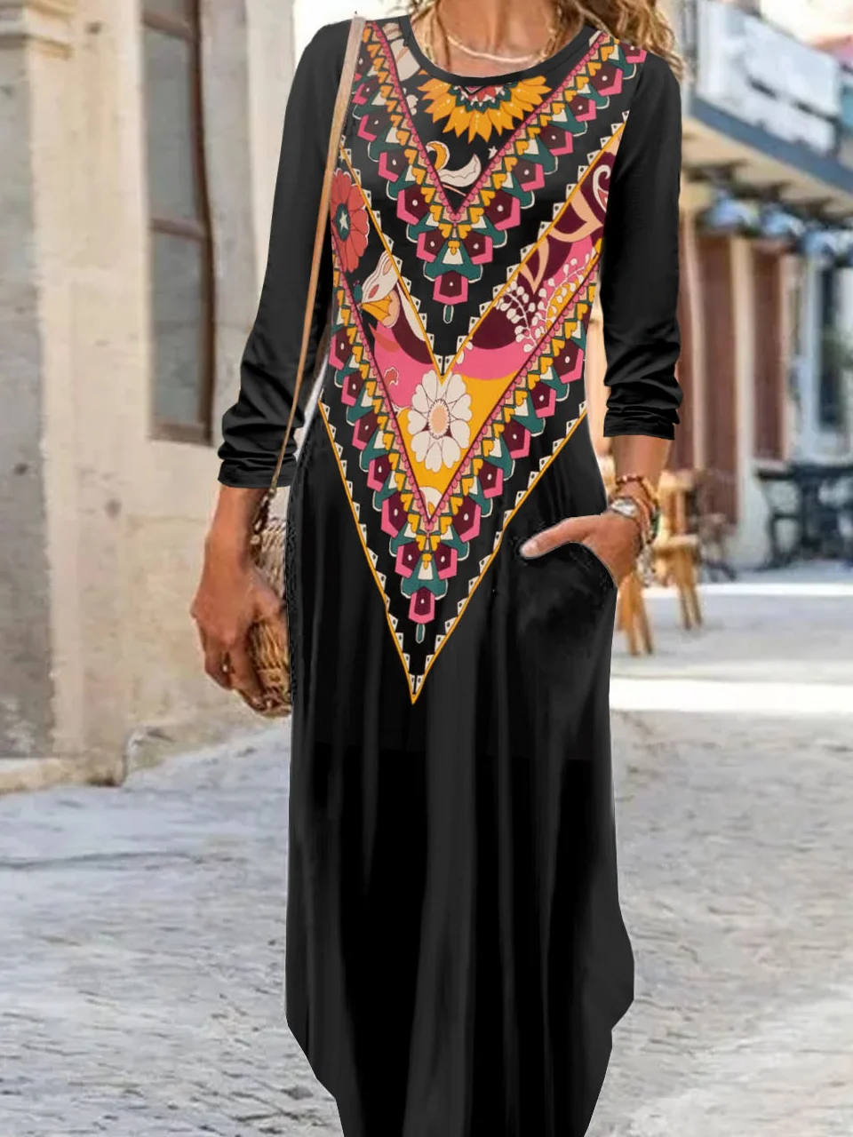 Femmes Ethnique Noir Col Rond Confortable Robe Maxi Décontracté