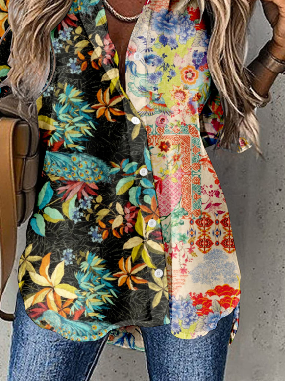 Chemises Femmes Rétro Ethnique Printemps / Automne Polyester Naturel Ample Manches Longues Régulier Col de Chemise