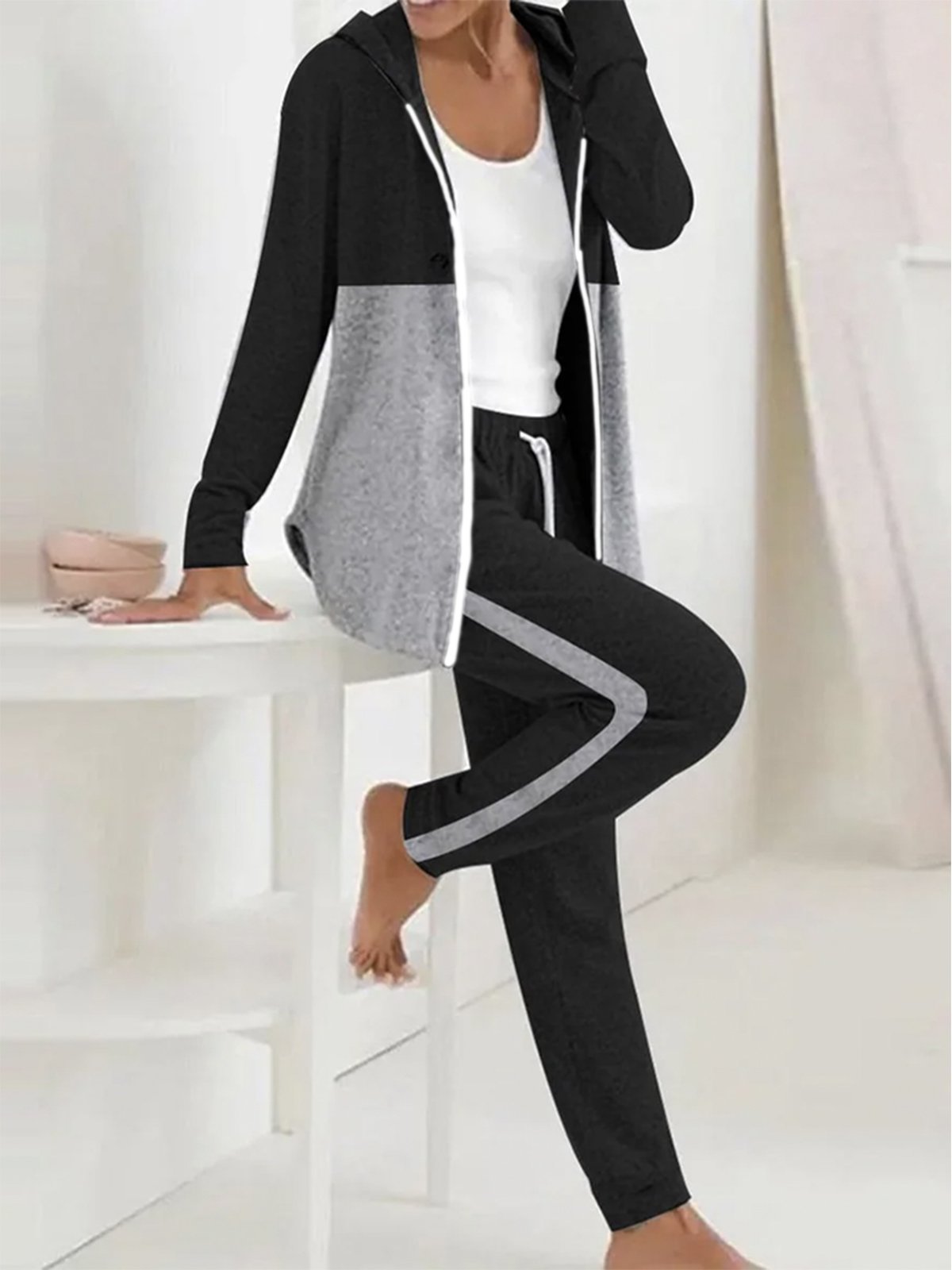 Deux Pièces Ensembles Décontracté Bloc de Couleur Printemps / Automne Polyester Sweat-shirt à Capuche Naturel Manches Longues Droit Régulier pour Femmes