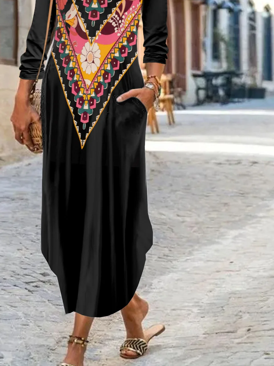 Femmes Ethnique Noir Col Rond Confortable Robe Maxi Décontracté