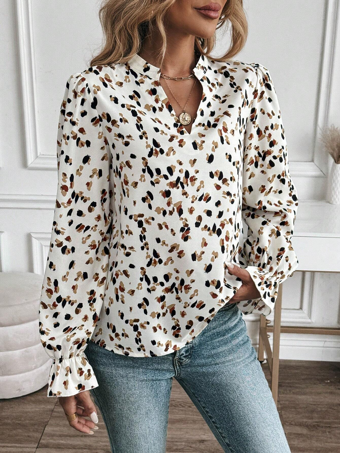Chemisiers1 Pois Polka Décontracté Printemps / Automne Polyester Quotidien Ample Manches Longues Régulier Droit pour Femmes