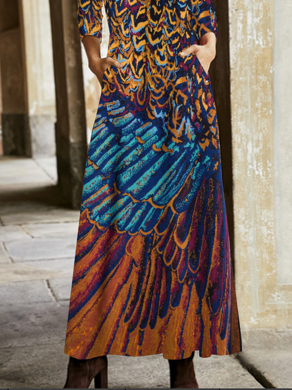 Femmes Ethnique Multicolore Col V Confortable Robe Maxi Rétro