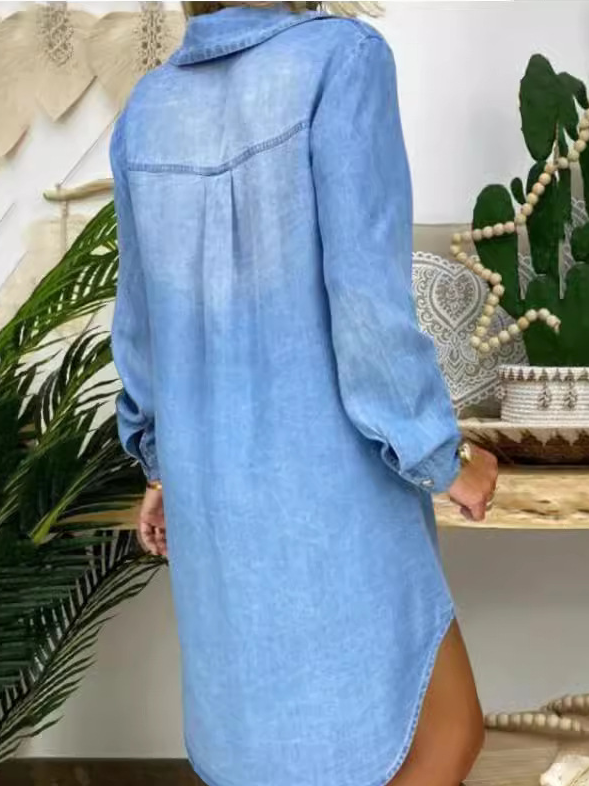 Femmes Plain Bleu Col V Confortable Robe Mi-Longue Décontracté