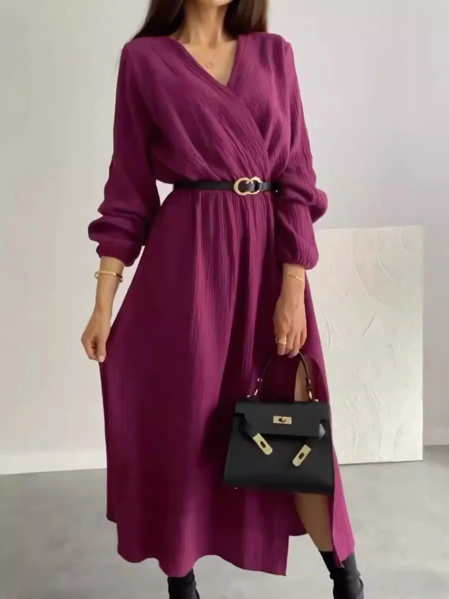 Femmes Plain Violet Col V Confortable Robe Mi-Longue Décontracté