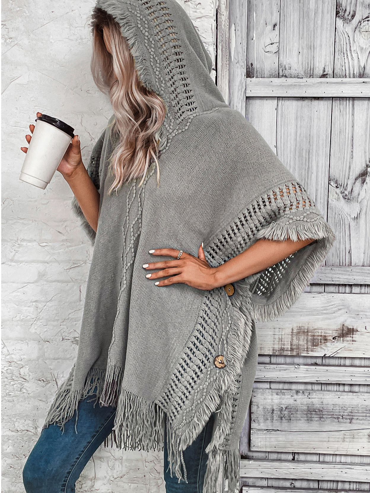 Élasticité moyenne Sweat-shirt à Capuche Manches trois quarts Poids lourd Plain Cape Cape Perlé pour Femmes