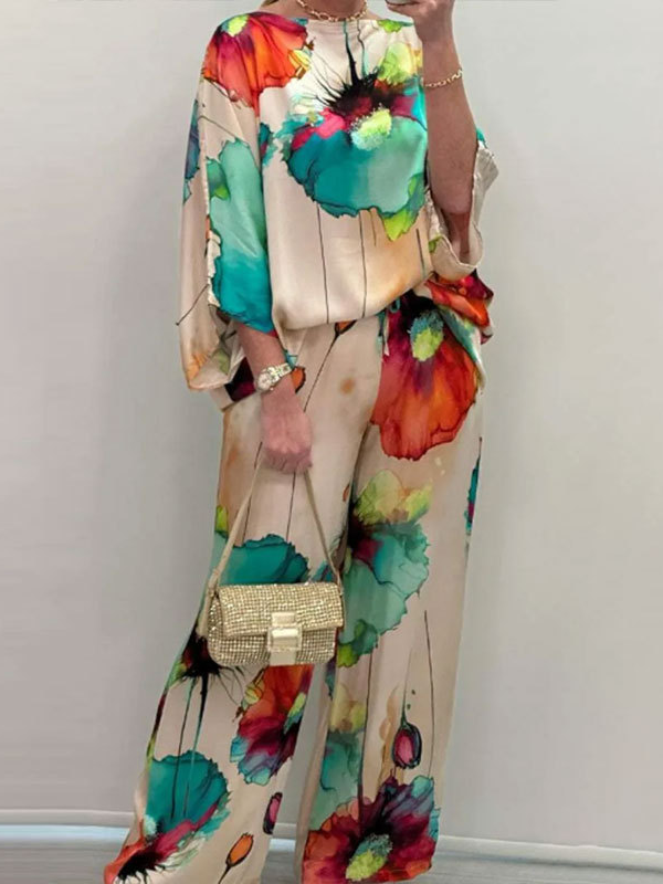 Deux Pièces Ensembles Femmes Décontracté Floral Printemps / Automne Polyester Naturel Quotidien Ample Manches Longues Droit