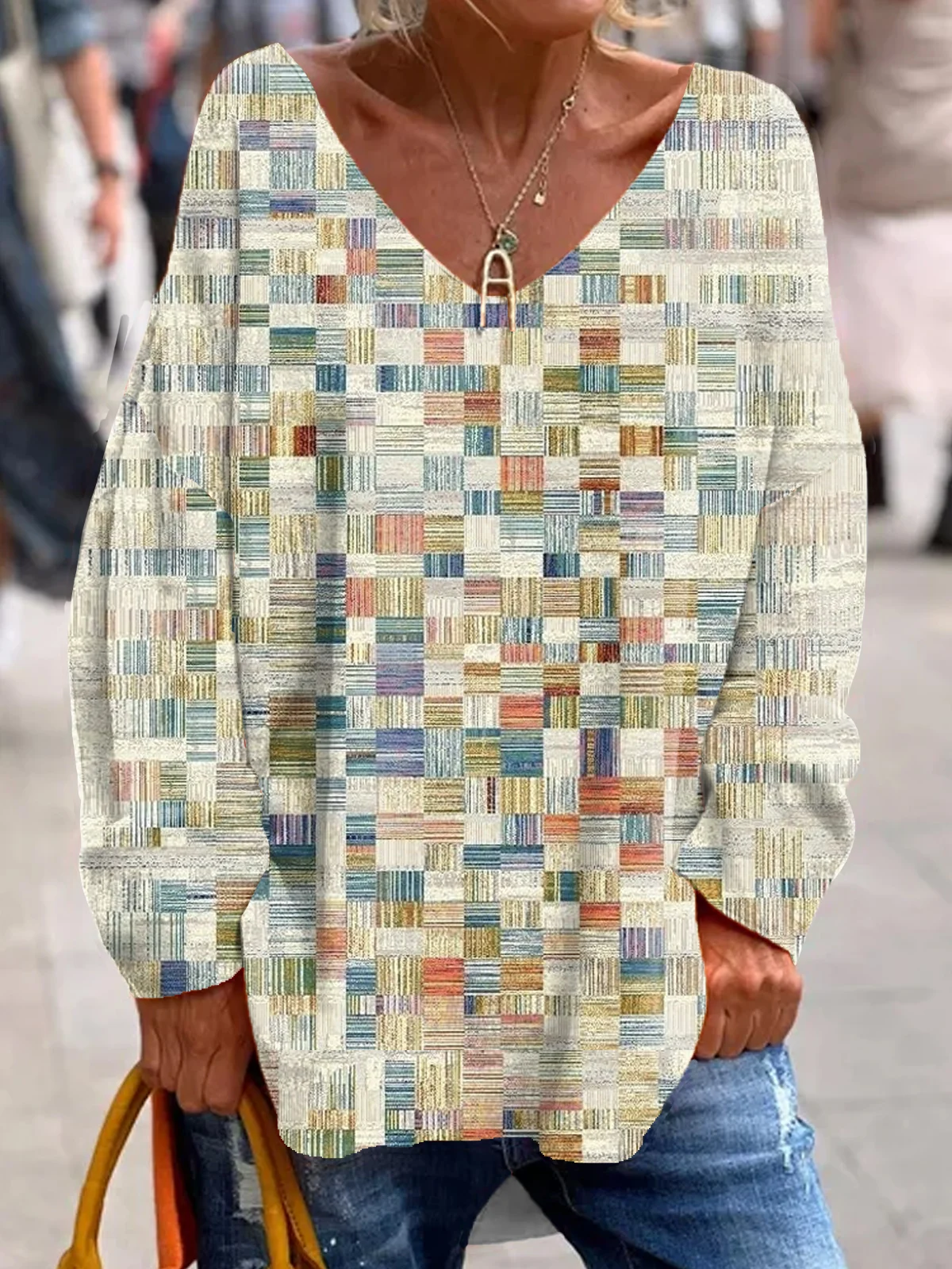 Chemisiers1 Décontracté Printemps / Automne Bloc de Couleur Col V Jersey Manches Longues Mi-long Régulier Élasticité moyenne pour Femmes