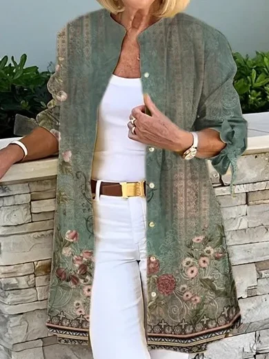 Micro-élasticité Col Rond Manches Longues Régulier Floral Blouson pour Femmes