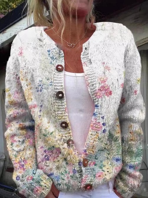 Cardigans Femmes Décontracté Floral Printemps / Automne Polyester Quotidien Ample Régulier Droit Régulier