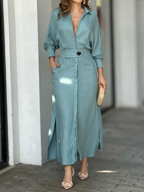 Femmes Plain Bleu Ciel Col Châle Confortable Robe Maxi Décontracté