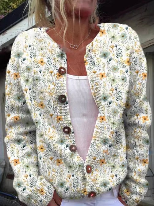 Cardigans Femmes Décontracté Floral Printemps / Automne Polyester Quotidien Ample Régulier Droit Régulier