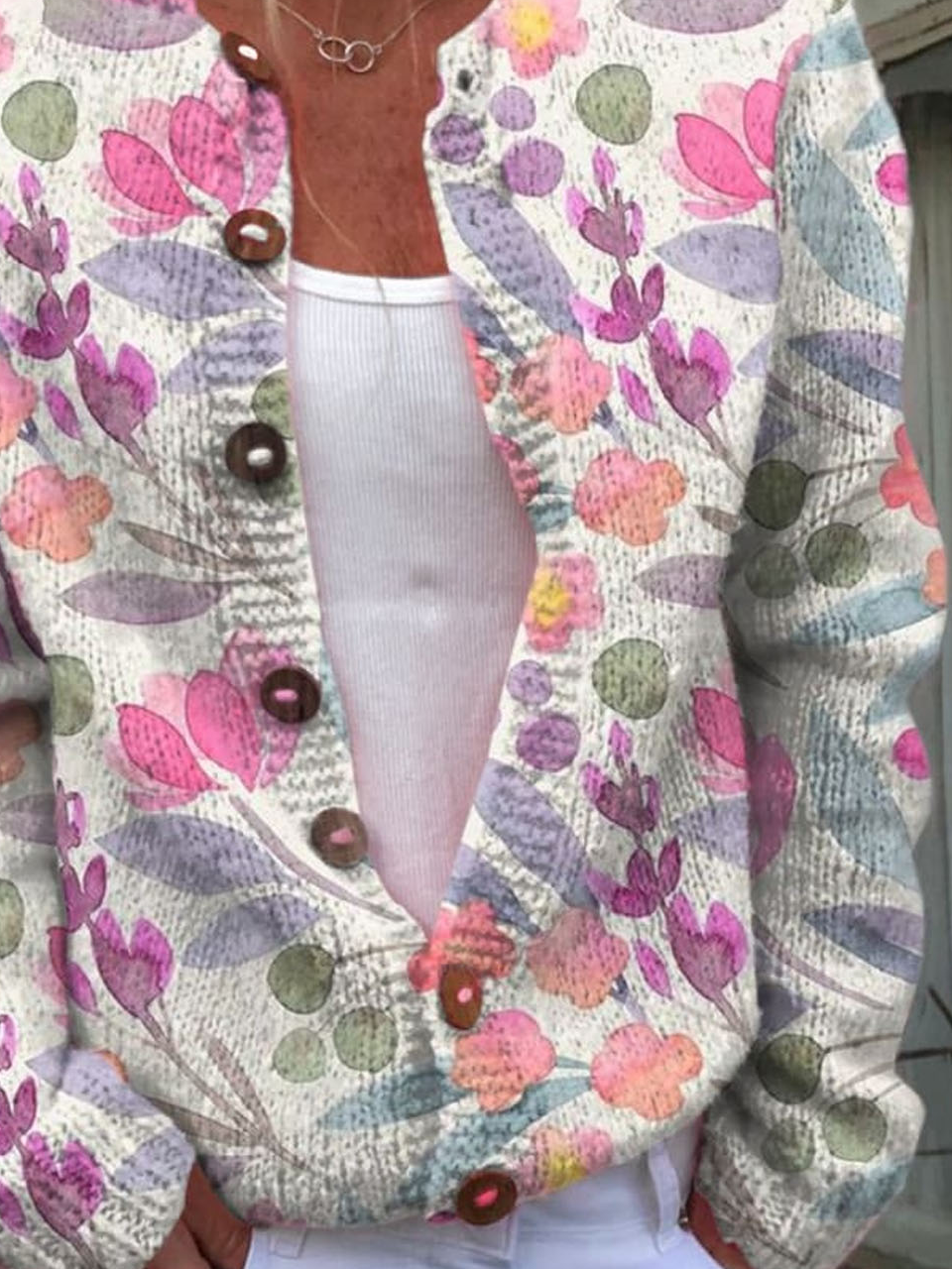 Cardigans Décontracté Floral Printemps / Automne Micro-élasticité Quotidien Ample Régulier Droit Boucle pour Femmes