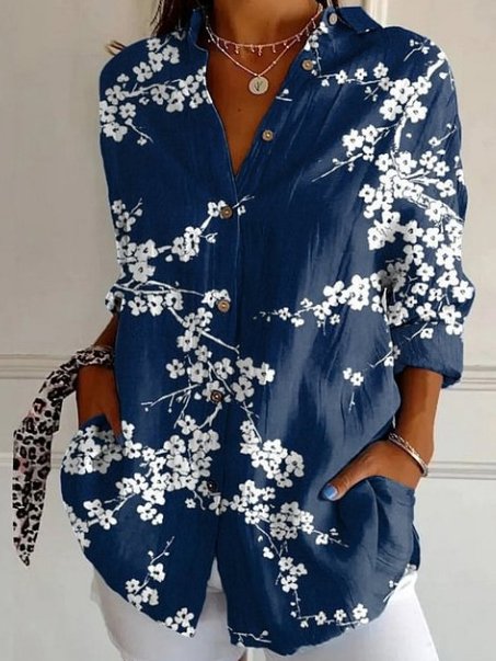 Chemises Femmes Rétro Floral Printemps / Automne Boutonné Aucune élasticité Quotidien Manches Longues Droit Col de Chemise