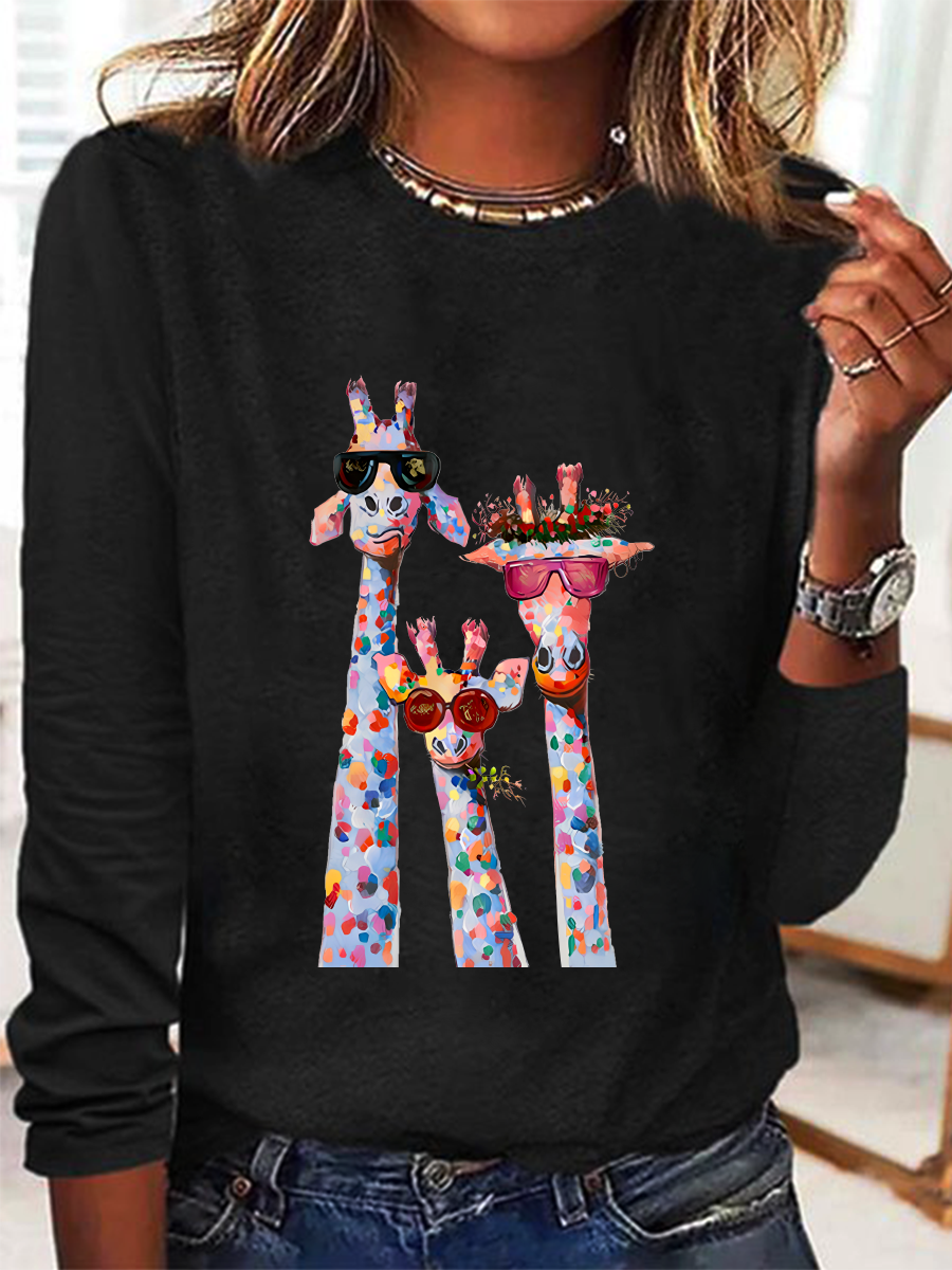 T-shirts Femmes Décontracté Printemps / Automne Chat Meilleure vente Manches Longues Col Rond en Mélangé de Coton Régulier Droit