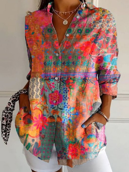 Chemises Femmes Rétro Floral Printemps / Automne Boutonné Aucune élasticité Quotidien Manches Longues Droit Col de Chemise