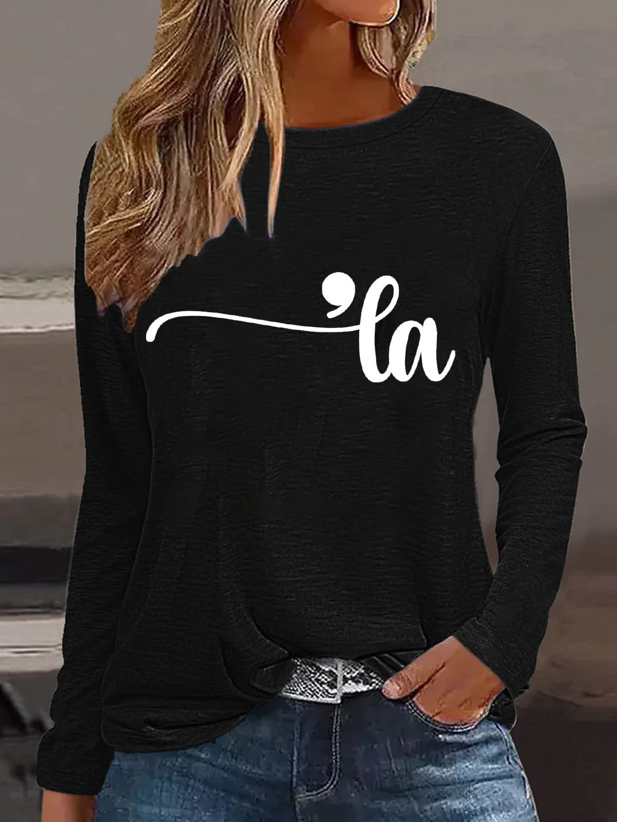 T-shirts Décontracté Printemps / Automne Lettres de texte Quotidien Manches Longues Col Rond Droit Régulier Élasticité moyenne pour Femmes