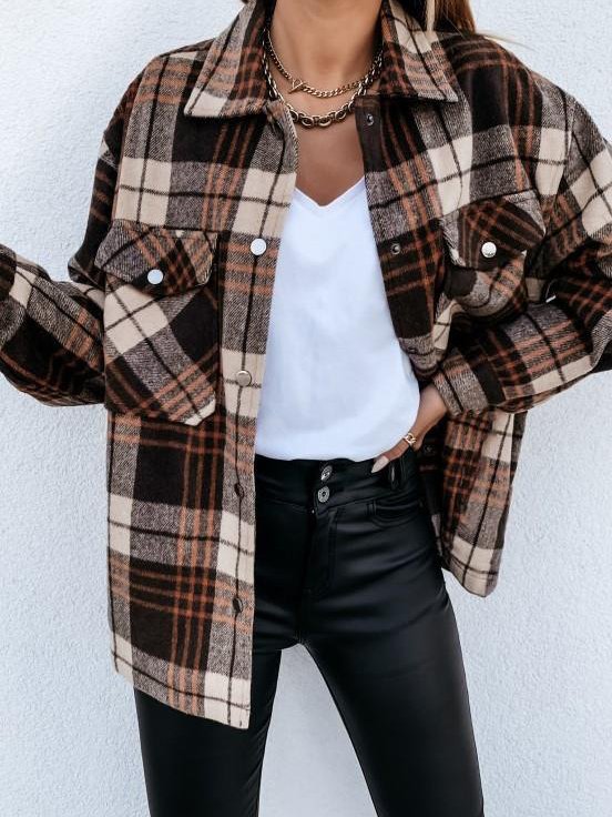 Micro-élasticité Manches Longues Régulier Plaid Blouson Boucle pour Femmes