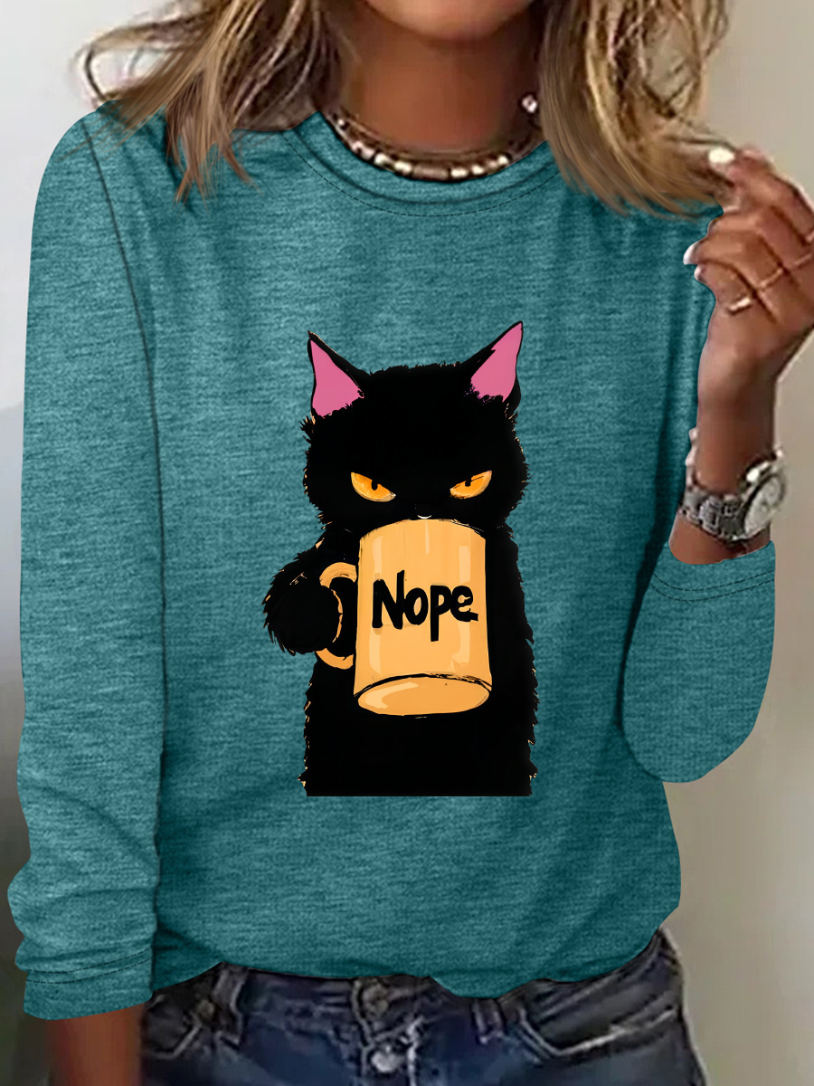 T-shirts Décontracté Printemps / Automne Chat Ample Manches Longues en Mélangé de Coton Régulier Droit Régulier pour Femmes