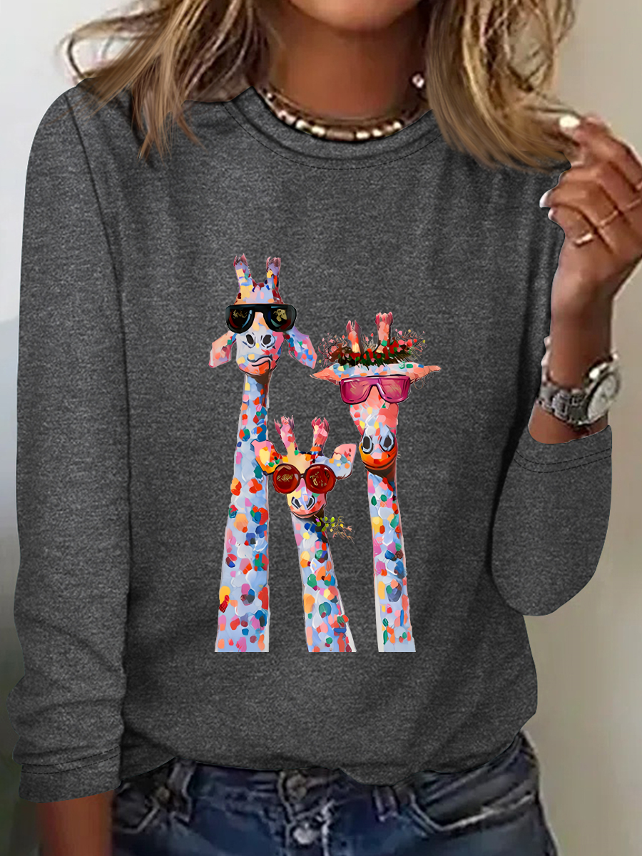 T-shirts Femmes Décontracté Printemps / Automne Chat Meilleure vente Manches Longues Col Rond en Mélangé de Coton Régulier Droit