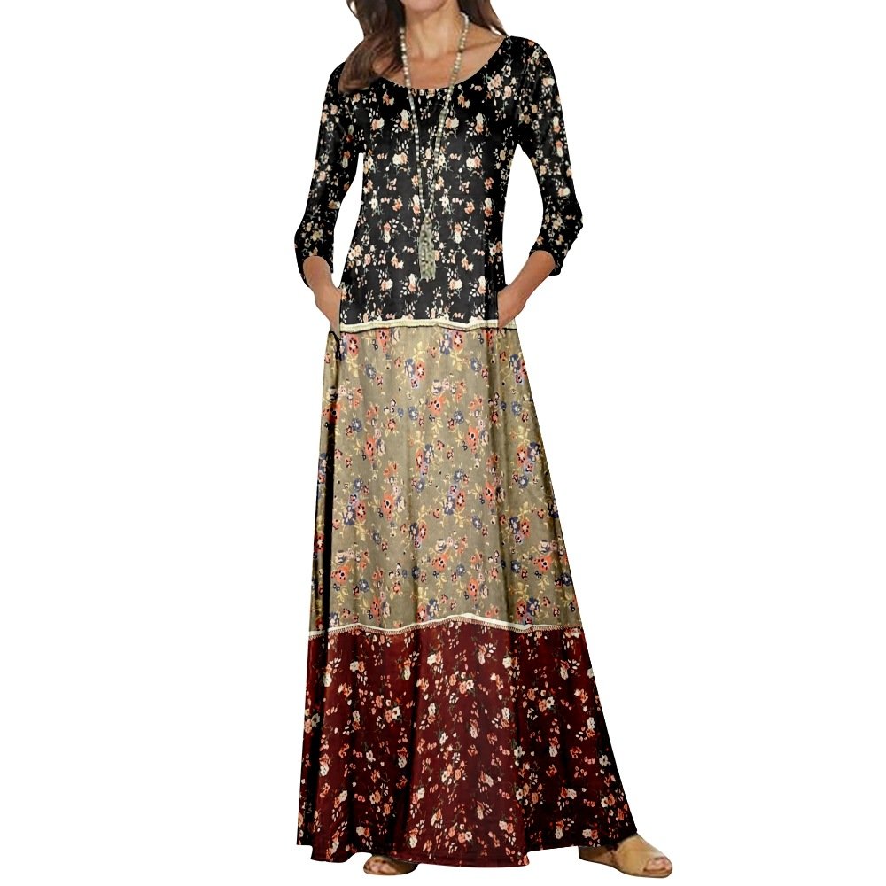 Femmes Floral Multicolore Col Châle Confortable Robe Maxi Décontracté