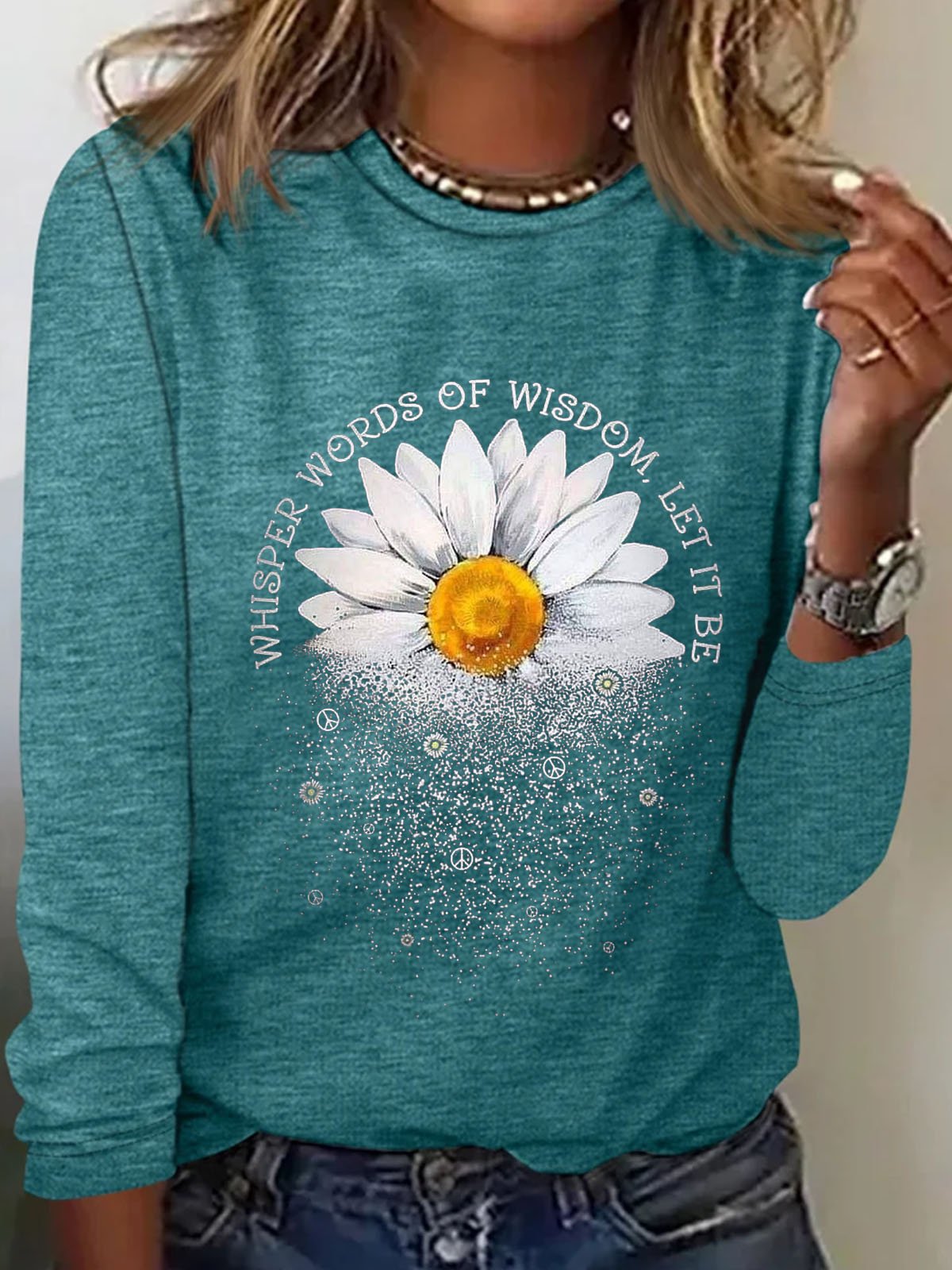 T-shirts Décontracté Printemps / Automne Marguerite Quotidien Ample Col Rond en Mélangé de Coton Régulier ré pour Femmes