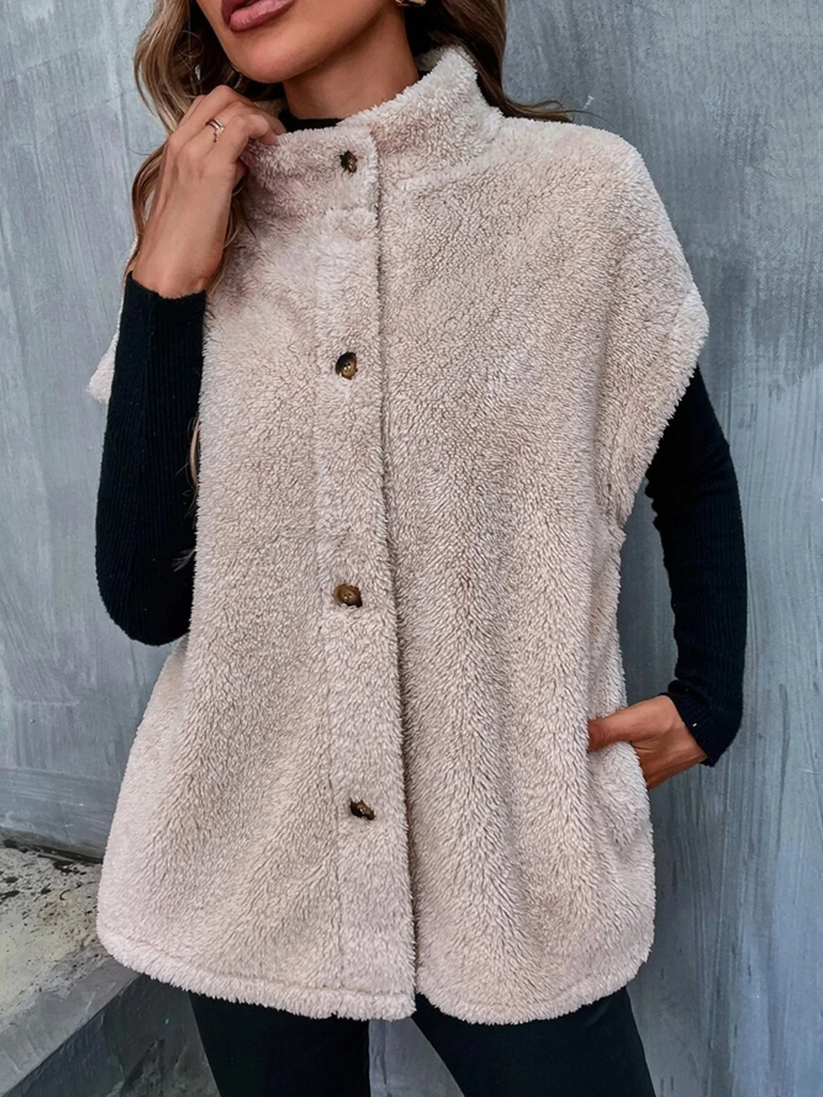 Micro-élasticité Col Montant Mancheron Épaissi Plain Caniche Blouson Boutonné pour Femmes