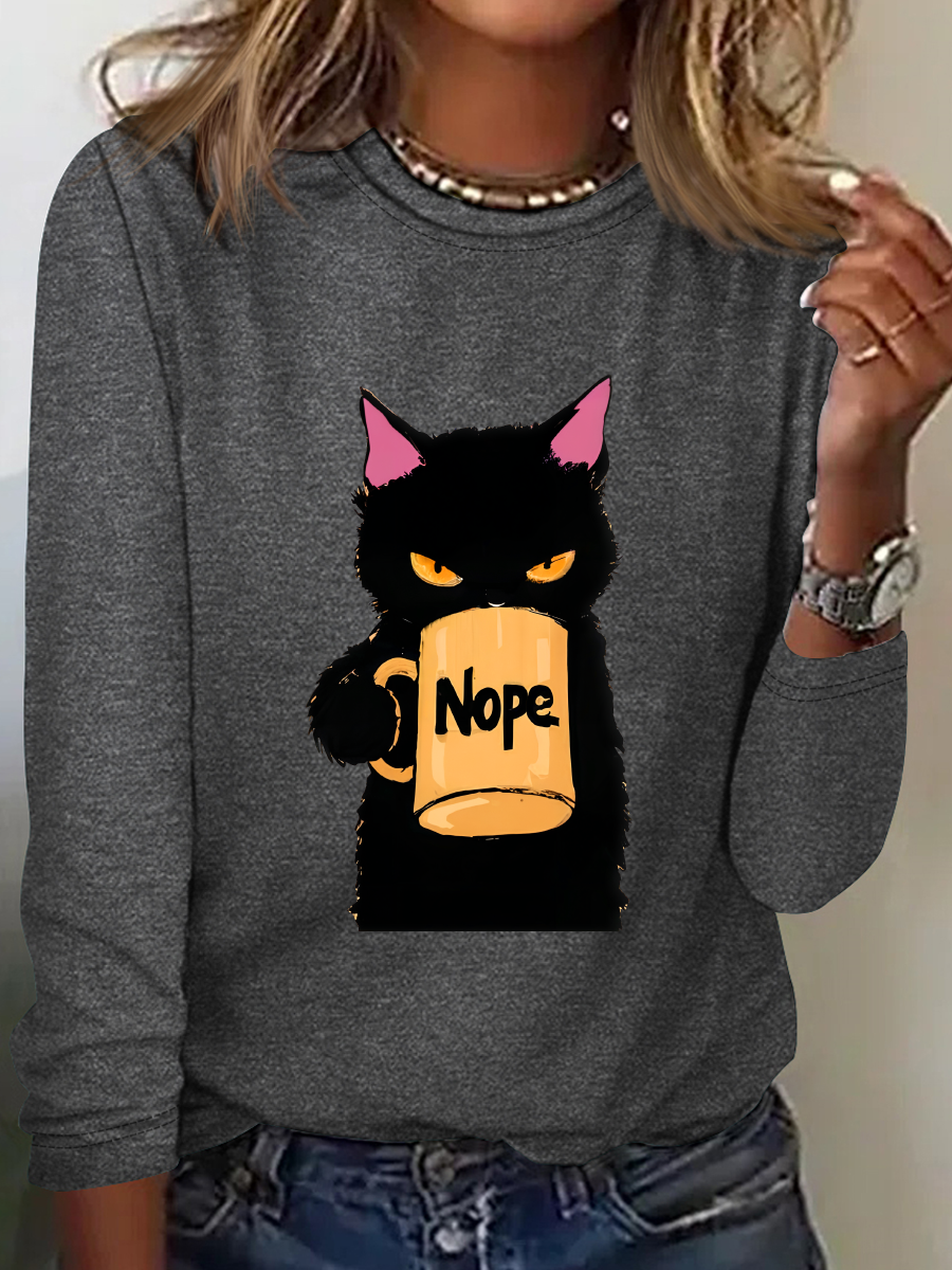 T-shirts Décontracté Printemps / Automne Chat Ample Manches Longues en Mélangé de Coton Régulier Droit Régulier pour Femmes