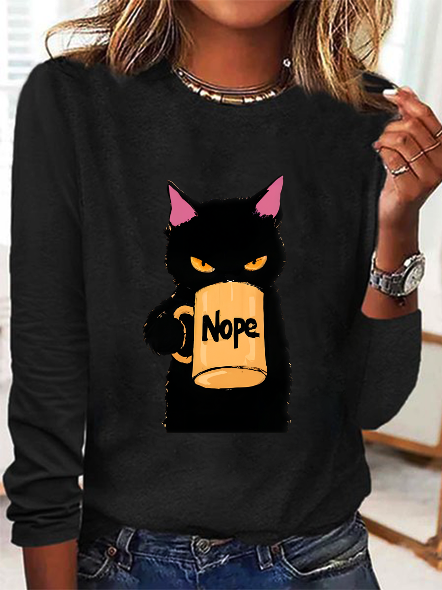T-shirts Décontracté Printemps / Automne Chat Ample Manches Longues en Mélangé de Coton Régulier Droit Régulier pour Femmes