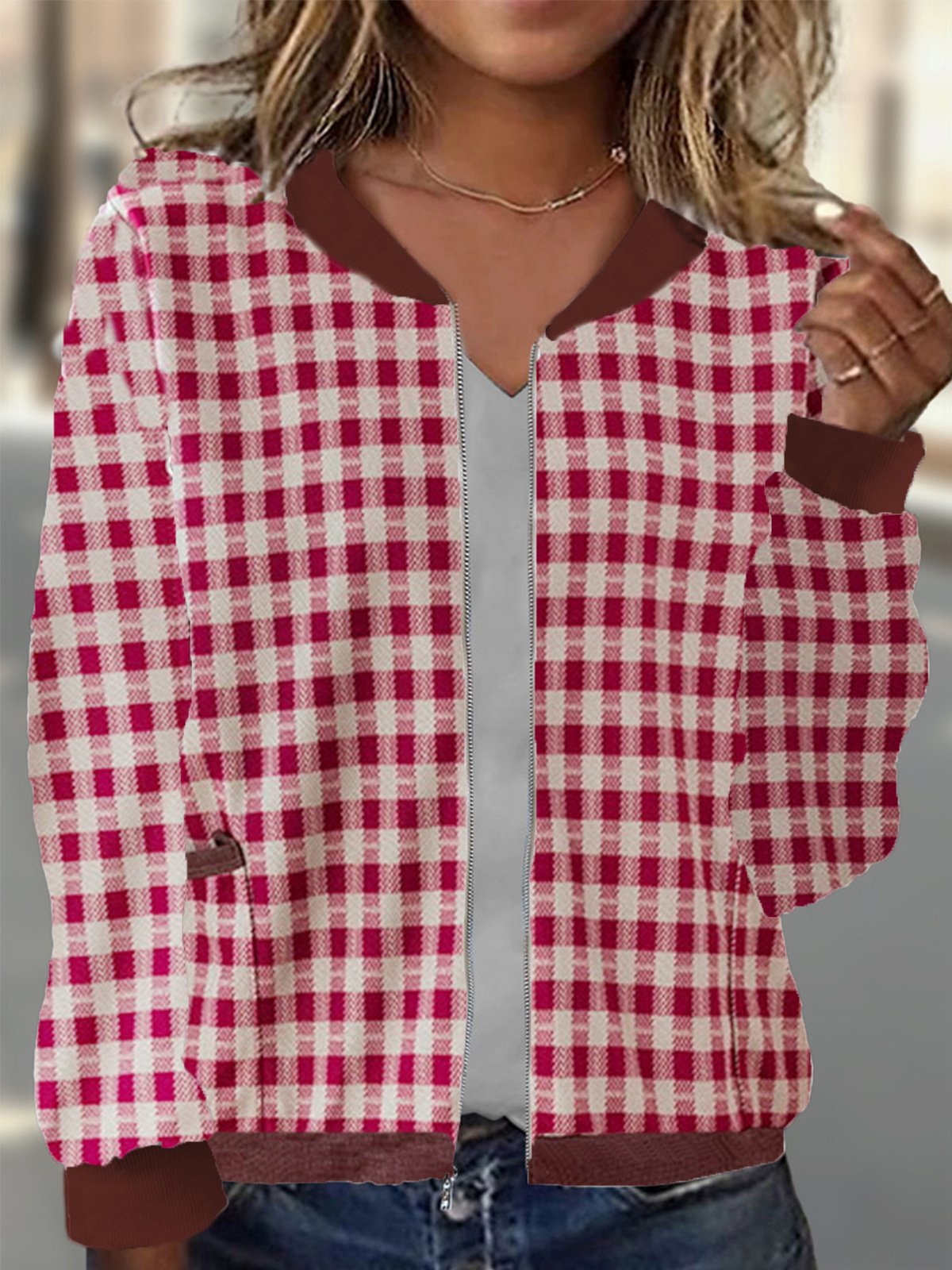 Micro-élasticité Manches Longues Régulier Plaid Blouson pour Femmes