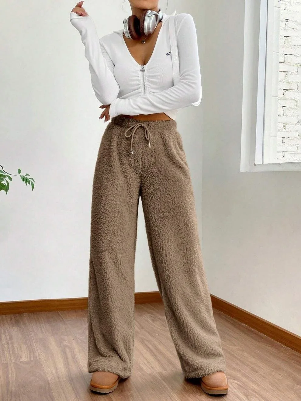 Pantalons Femmes Décontracté Plain Printemps / Automne Naturel Quotidien Ample Tissu pelucheux/polaire granuleux Long Droit