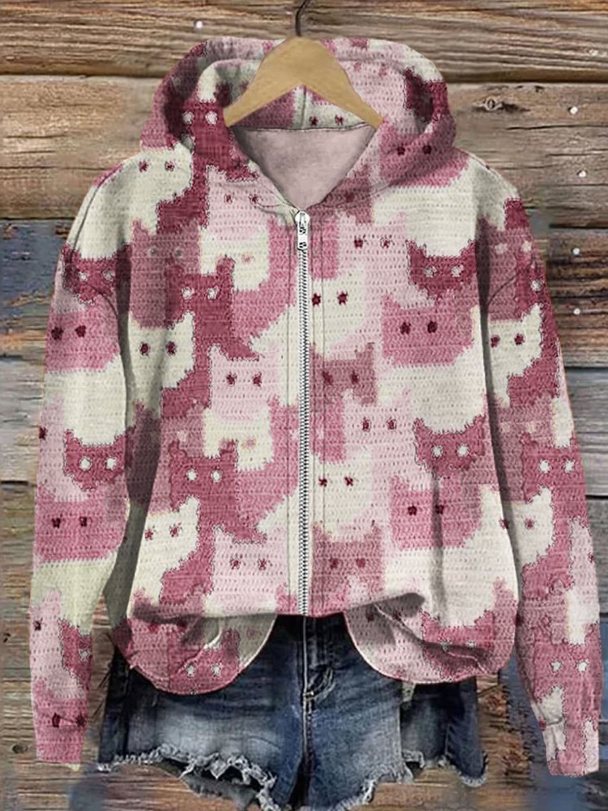 Micro-élasticité Sweat-shirt à Capuche Manches Longues Régulier Ethnique Blouson Zip pour Femmes