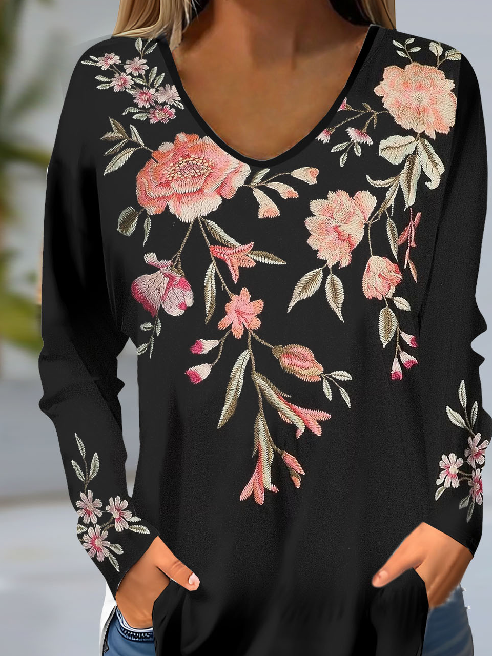 Chemisiers1 Femmes Décontracté Floral Printemps / Automne Polyester Col V Régulier Droit Régulier ré