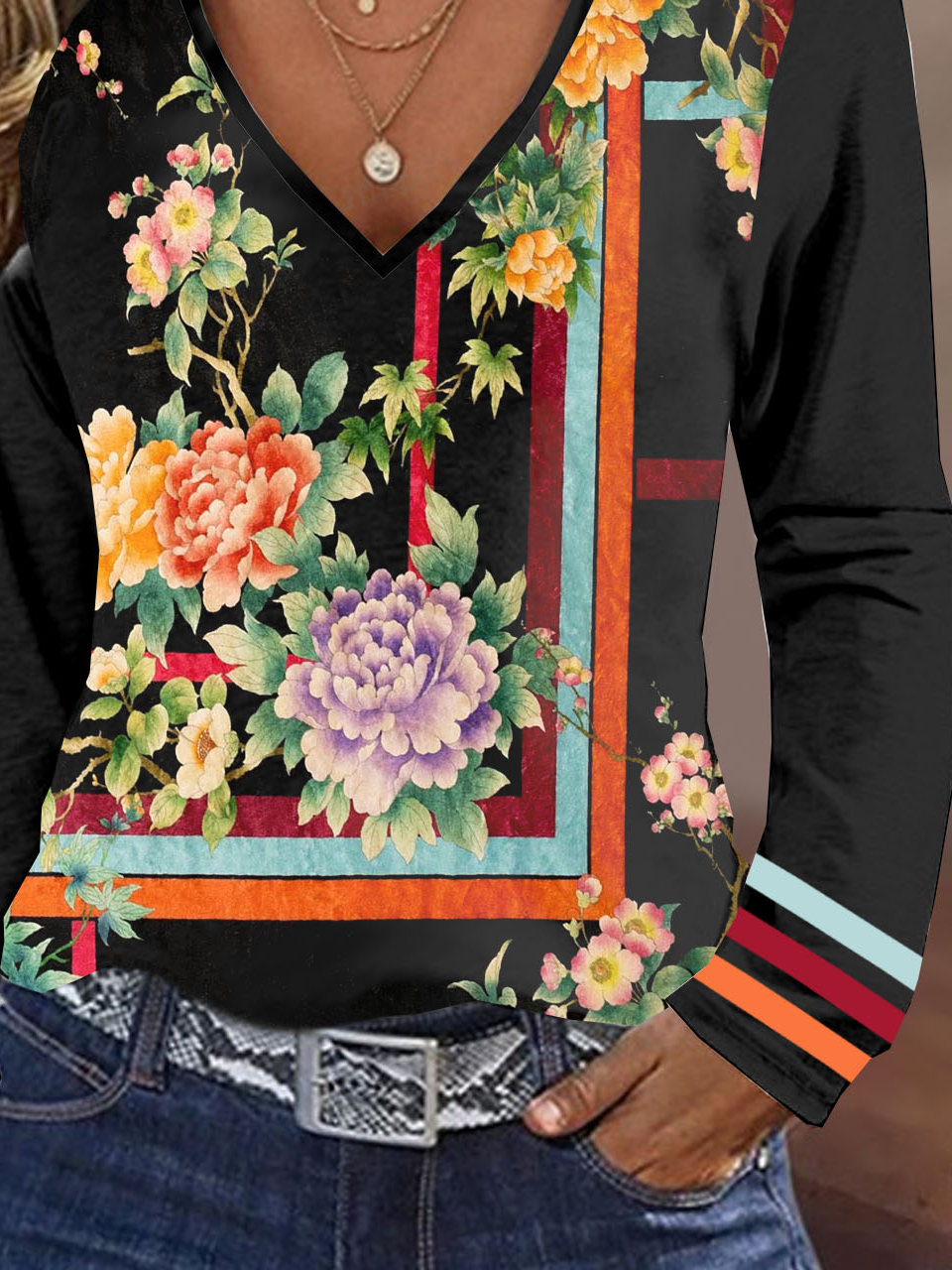 T-shirts Femmes Floral Décontracté Printemps / Automne Micro-élasticité Quotidien Jersey Manches Longues Régulier T.-N.-L.