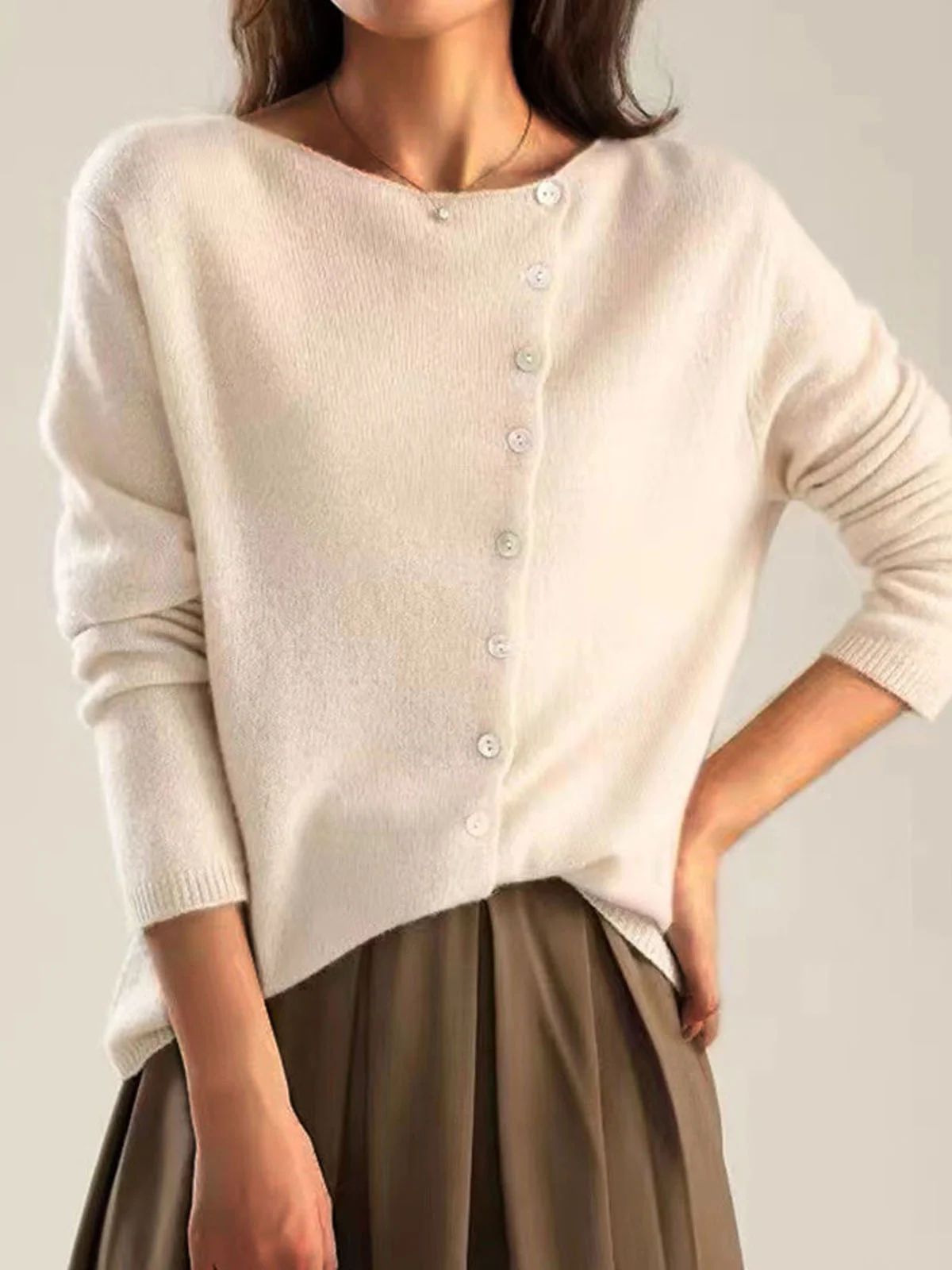 Cardigans Femmes Décontracté Plain Printemps / Automne Quotidien Ample Col Rond Droit Boucle Régulier