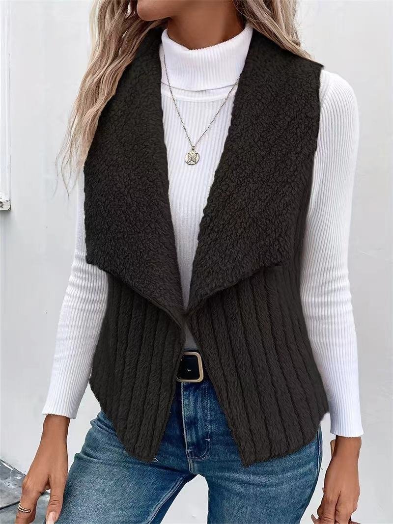 Micro-élasticité Col Châle Sans Manches en Toison Plain Gilet pour Femmes