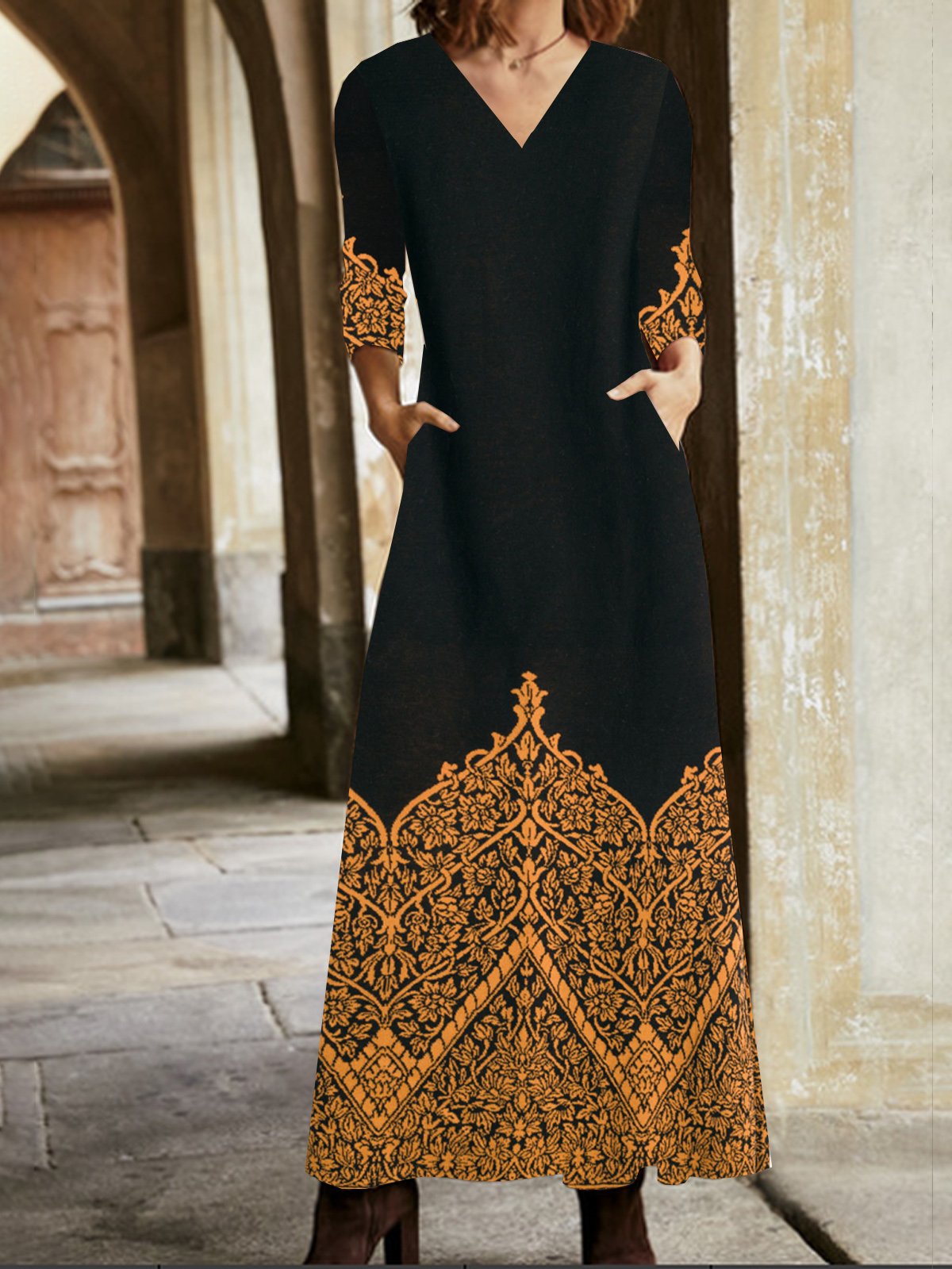 Femmes Ethnique Noir Col V Confortable Poche Couture Robe Maxi Rétro