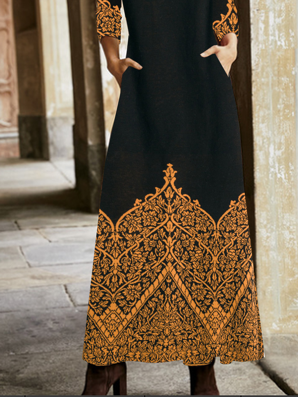 Femmes Ethnique Noir Col V Confortable Poche Couture Robe Maxi Rétro