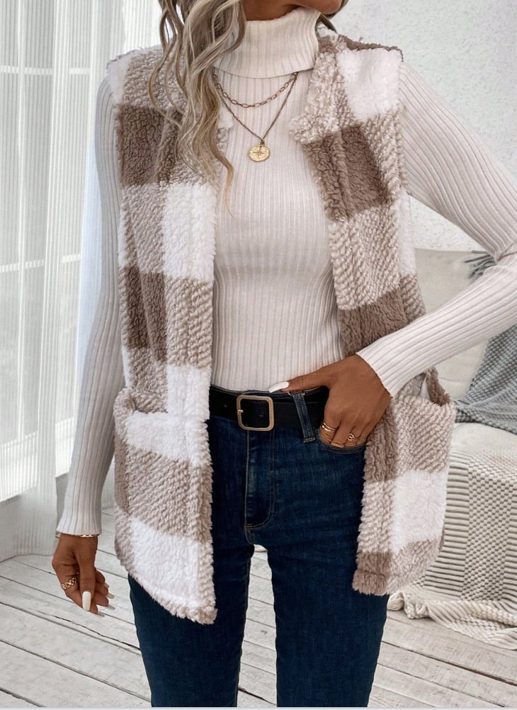 Micro-élasticité Col Châle Sans Manches en Toison Plaid Gilet pour Femmes