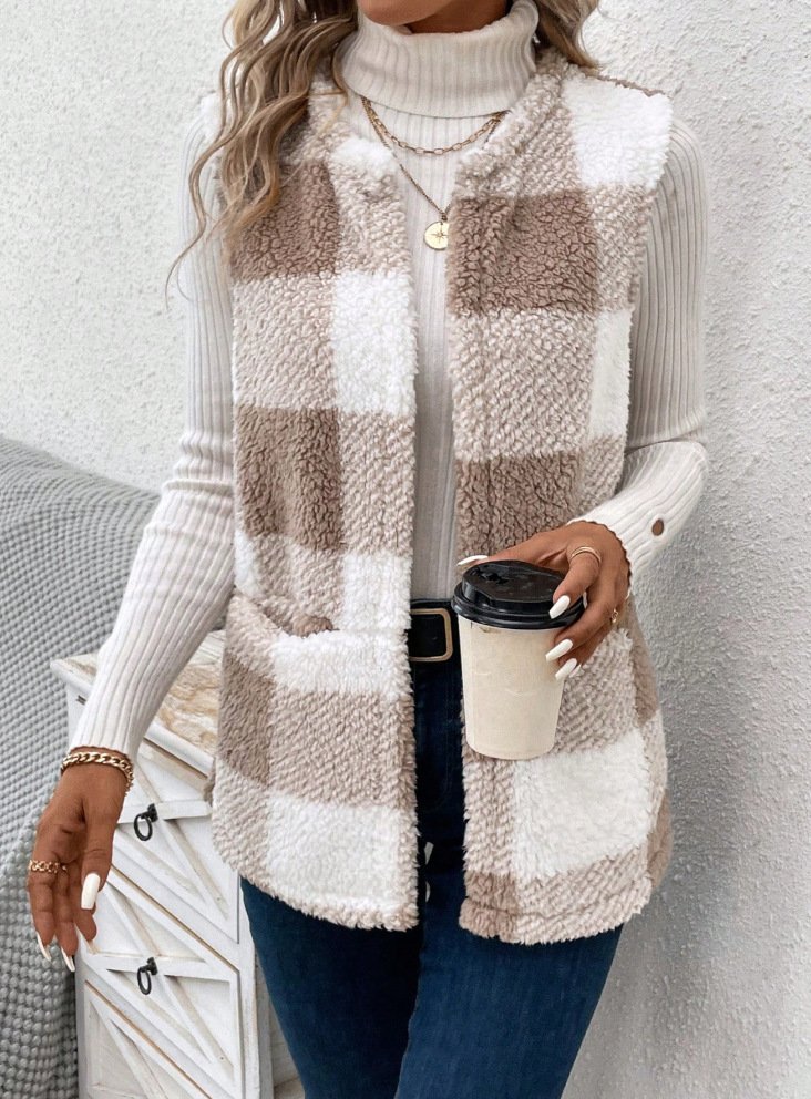 Micro-élasticité Col Châle Sans Manches en Toison Plaid Gilet pour Femmes