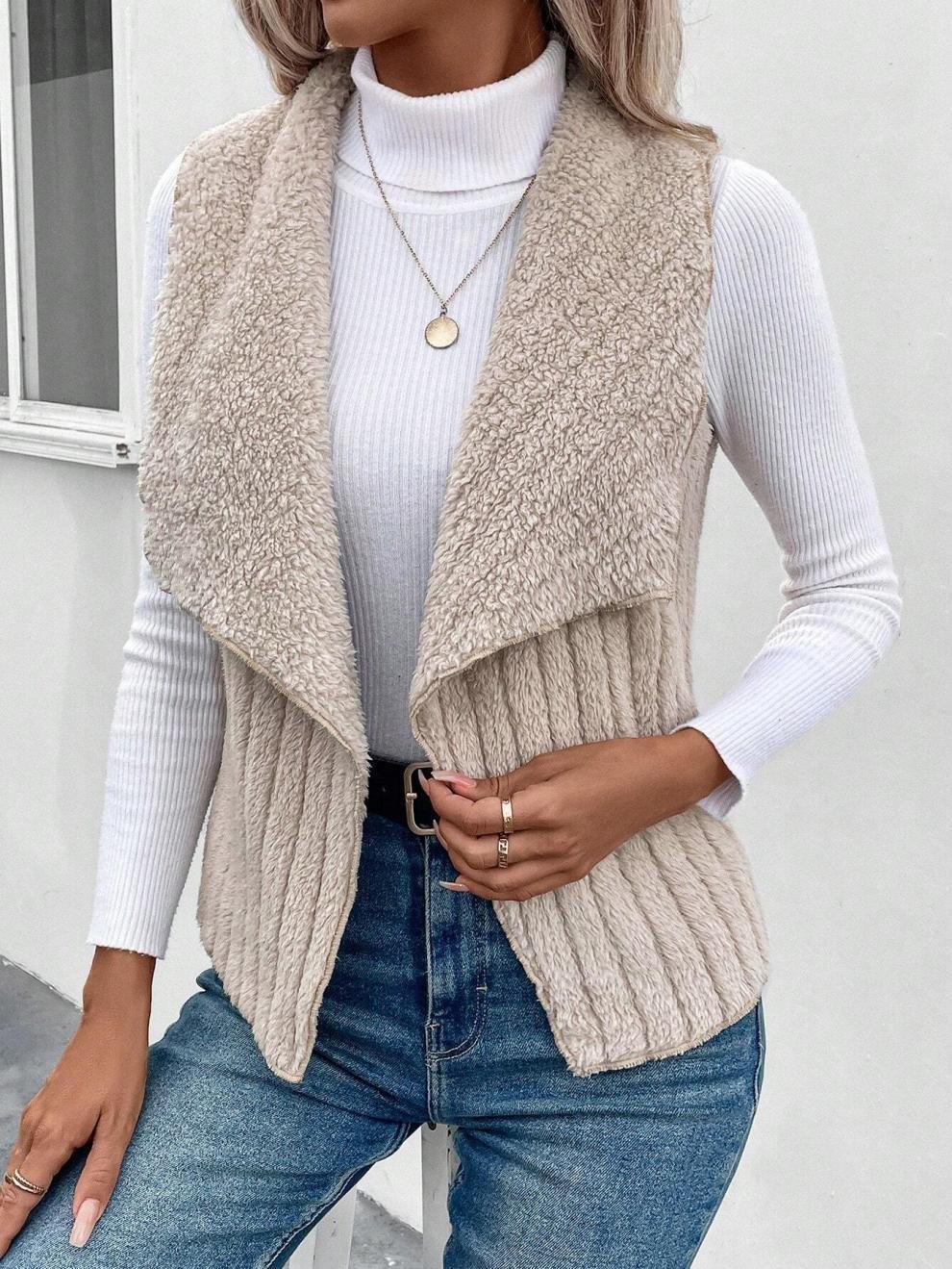 Micro-élasticité Col Châle Sans Manches en Toison Plain Gilet pour Femmes