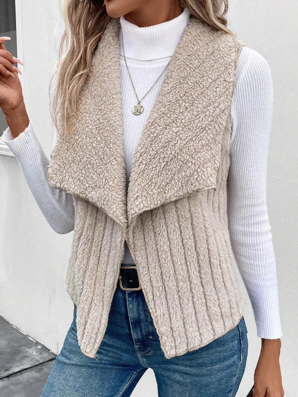 Micro-élasticité Col Châle Sans Manches en Toison Plain Gilet pour Femmes