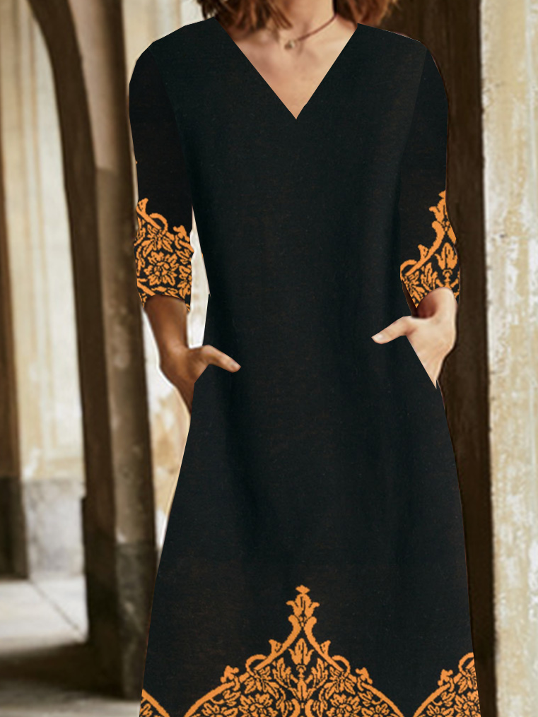 Femmes Ethnique Noir Col V Confortable Poche Couture Robe Maxi Rétro