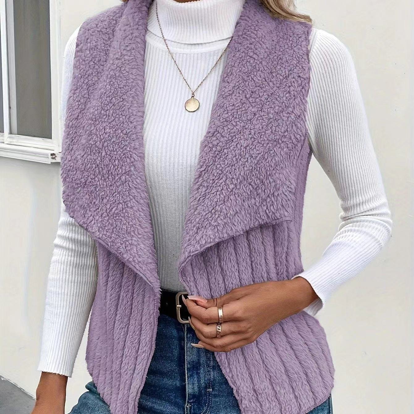 Micro-élasticité Col Châle Sans Manches en Toison Plain Gilet pour Femmes