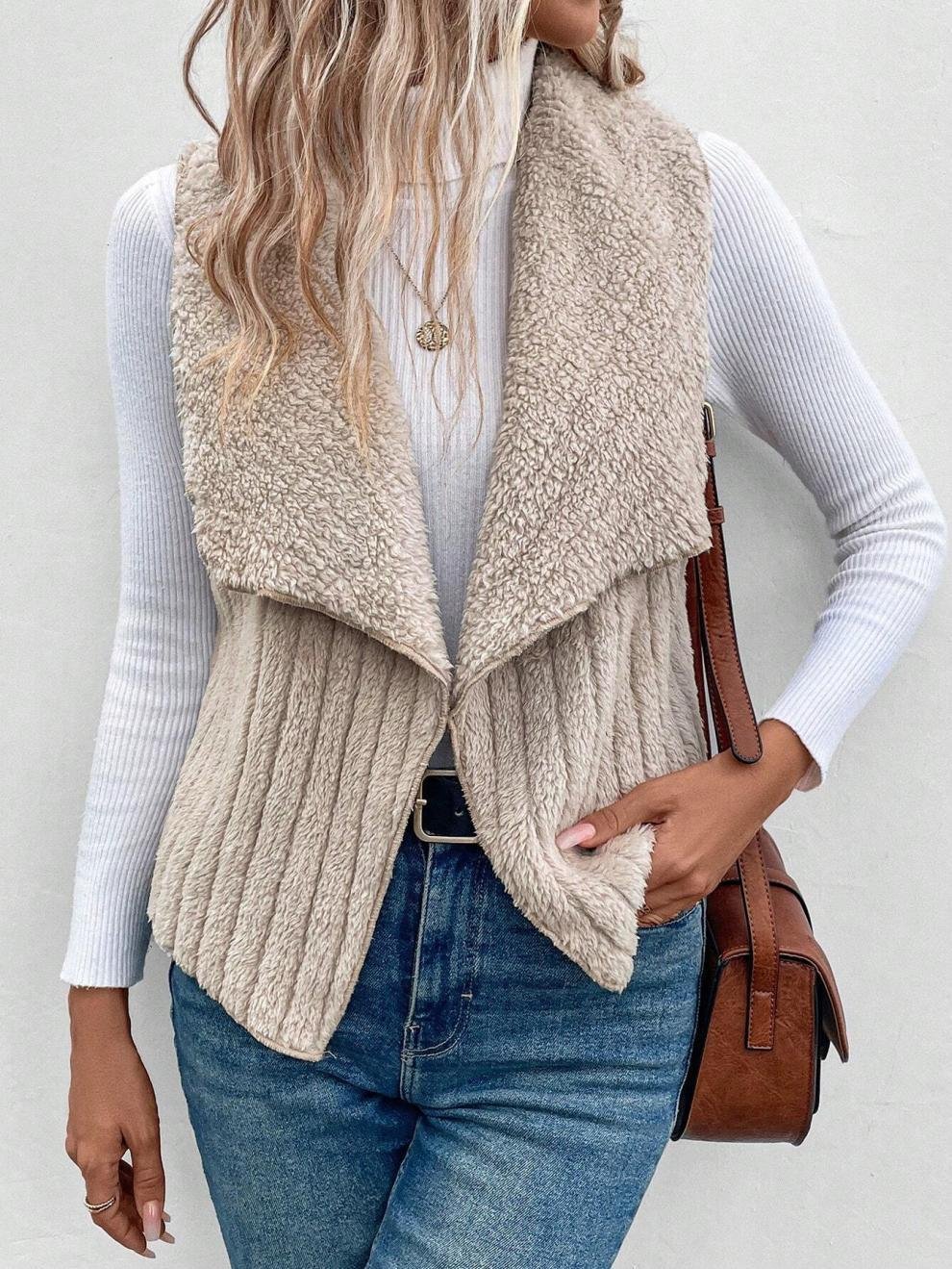 Micro-élasticité Col Châle Sans Manches en Toison Plain Gilet pour Femmes