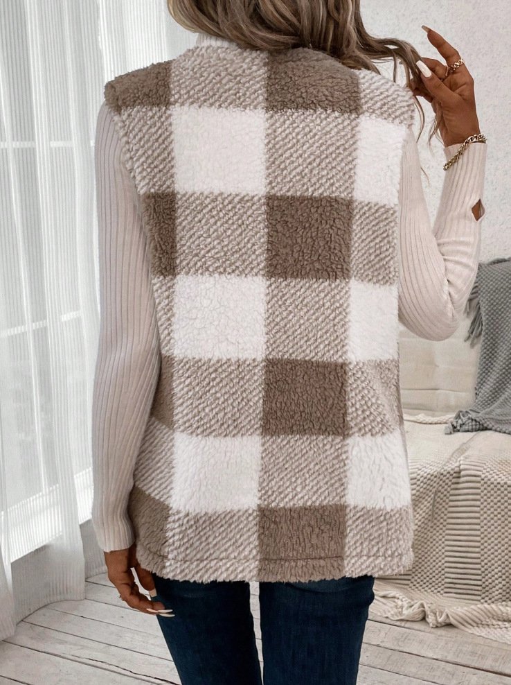 Micro-élasticité Col Châle Sans Manches en Toison Plaid Gilet pour Femmes