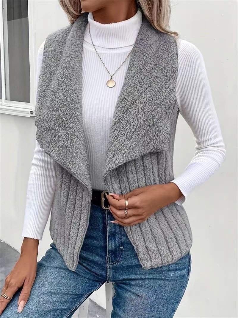Micro-élasticité Col Châle Sans Manches en Toison Plain Gilet pour Femmes