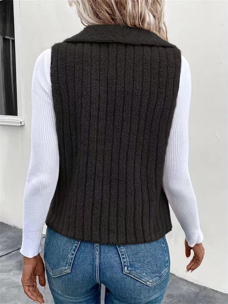 Micro-élasticité Col Châle Sans Manches en Toison Plain Gilet pour Femmes